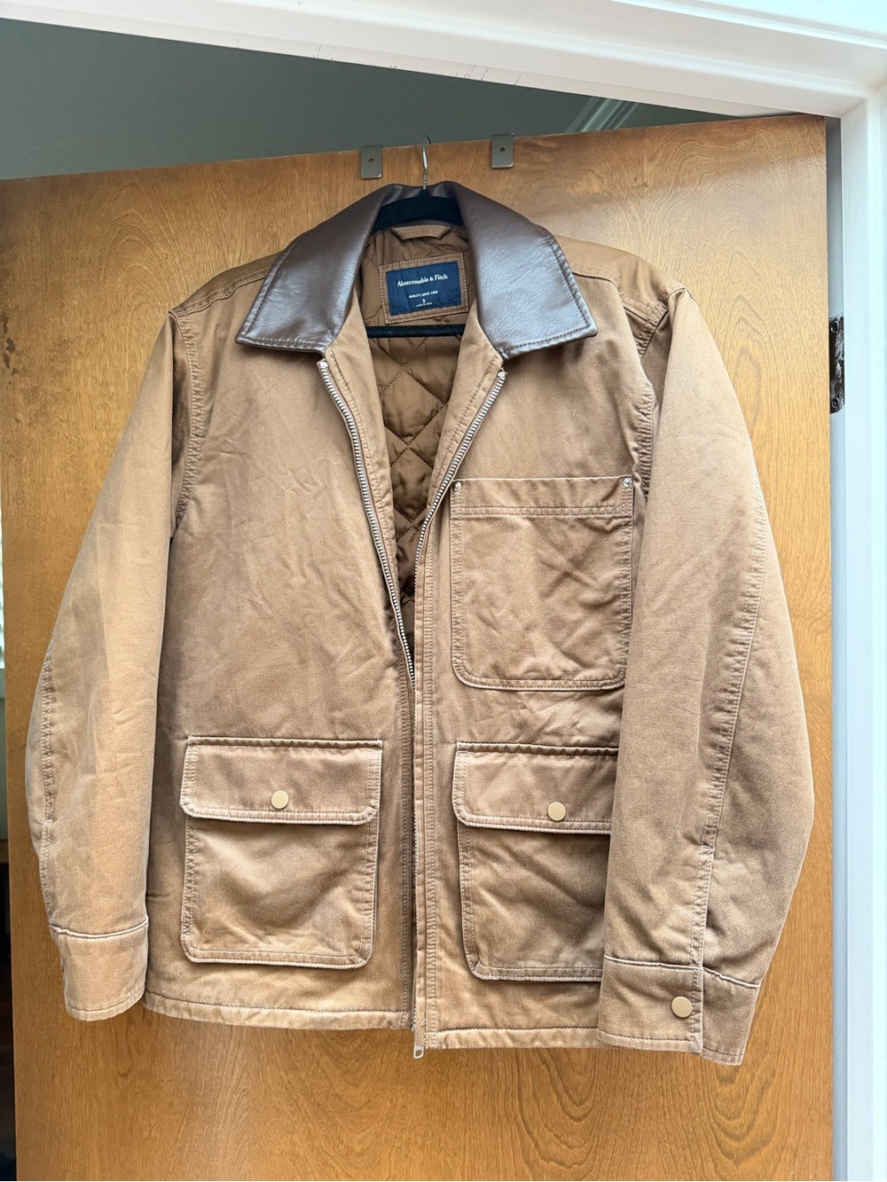 Abercrombie and Fitch Brown Canvas Work Jacket with Leather Collar
